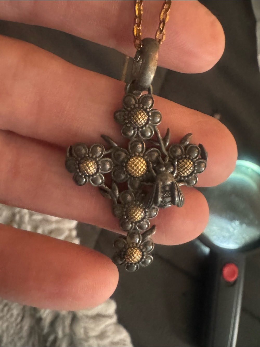 Floral Bee Pendant Necklace - Two-Tone Gold and Gunmetal